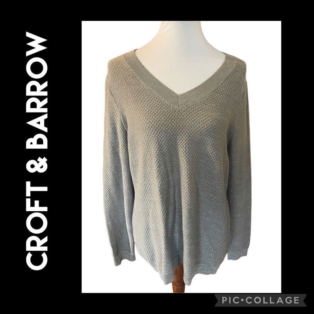 Croft & Barrow Gold Shimmering  V-Neck Long Sleeve Sweater Size Large-EUC